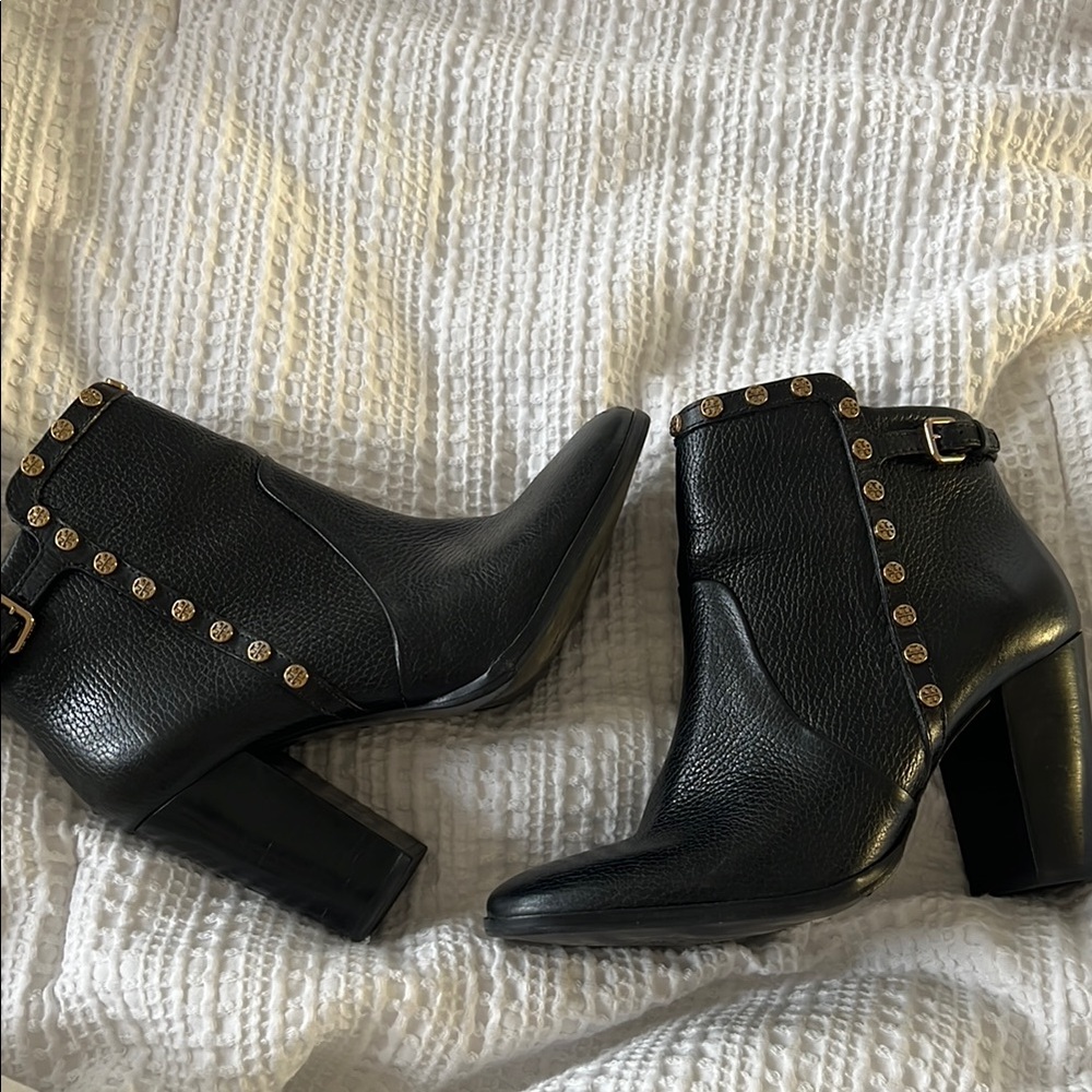 Tory Burch Black Leather Ankle Boots with Gold Studs